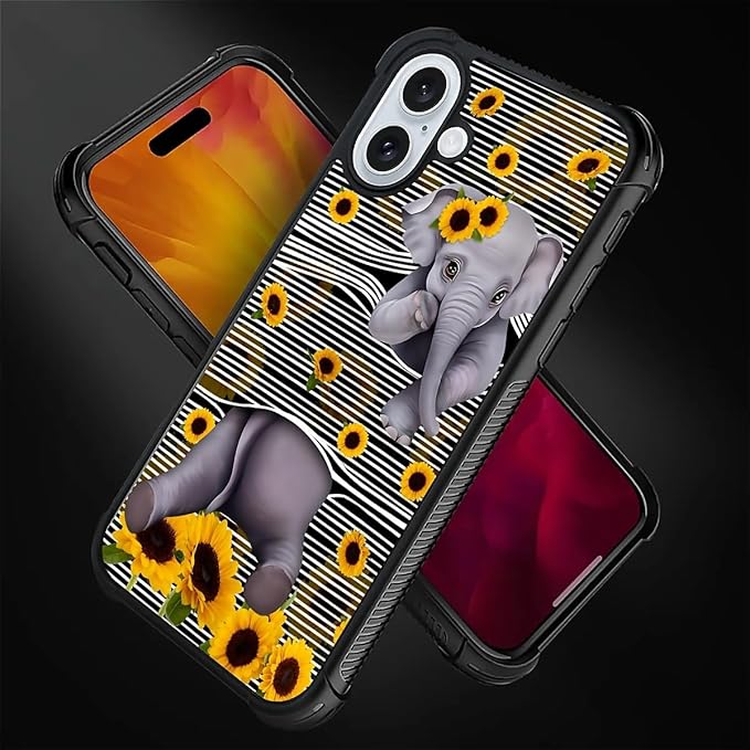 for iPhone 16 Plus Case, Cute Little Elephant Sunflower White Line Art Pattern Graphic Design Girl Boy Soft Silicone Hard Acrylic Shock Protection for iPhone 16 Plus