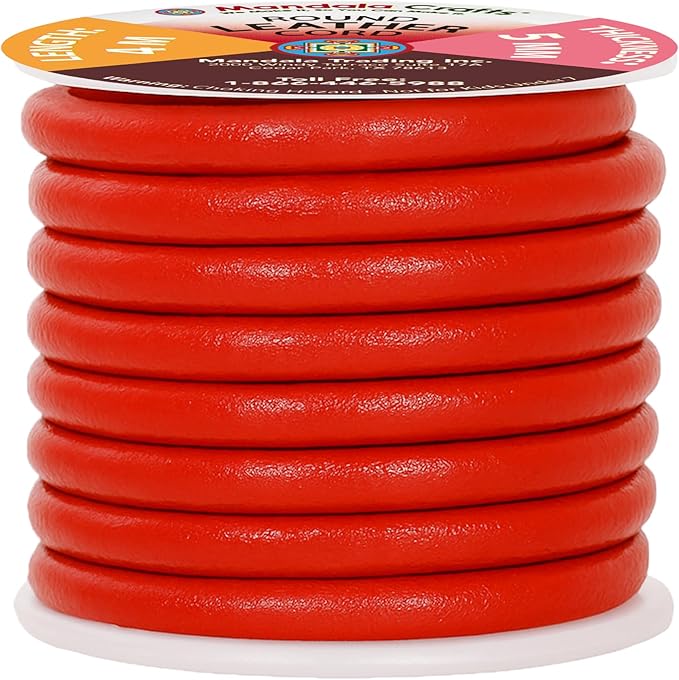 Mandala Crafts Round Genuine Red Leather Cord for Jewelry Making – 5mm Cowhide Leather Rope String Lace for Kumihimo – 4.4 Yards Cowhide Craft Cording Spool