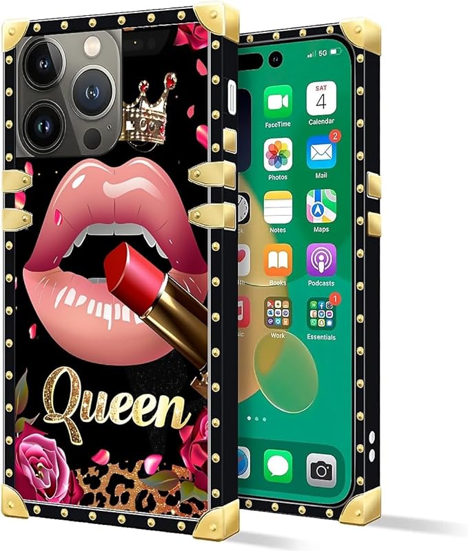 Compatible with iPhone 14 Pro Max Case, Glitter Red Rose Queen Leopard Lipstick Luxury Golden Decoration for Girl Women Soft TPU Shockproof Protective Hard PC Back