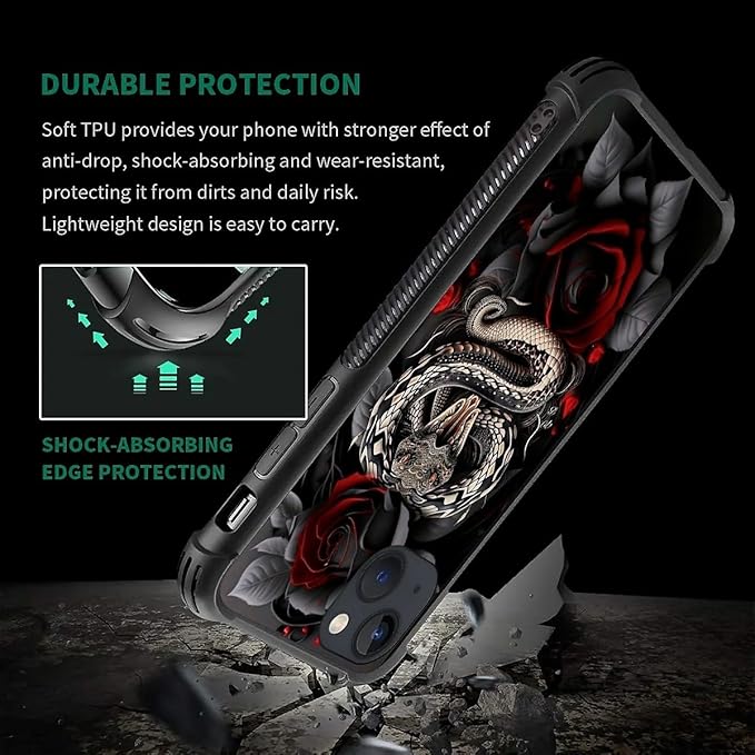 for iPhone 14 Case, Entwined Rose Snake Pattern Graphic Design Girl Boy Soft Silicone Hard Acrylic Shock Protection for iPhone 14