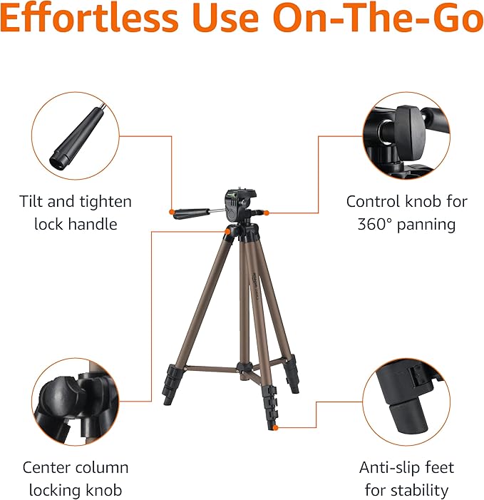Amazon Basics 50-inch Lightweight Portable Camera Tripod Stand with Quick-Release Plate,Adjustable Height,Aluminum,for Travel Photography,Champagne,(Pack of 10)