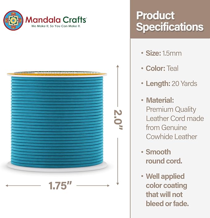 Mandala Crafts Round Genuine Teal Leather Cord for Jewelry Making – 1mm Cowhide Leather Rope String Lace for Kumihimo – 20 Yards Cowhide Craft Cording Spool