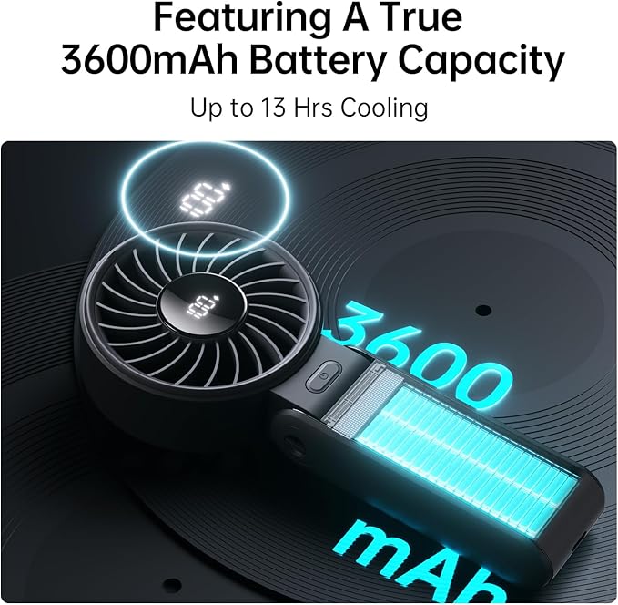 JISULIFE Handheld Fan Life7 – Ultimate Flexibility: Wide & Strong Airflow, 13H Max Cooling, 3600mAh Rechargeable, 5-Speed, LED Display, 3 IN 1 Portable Fan for Travel, Concerts, Sports Events(Black)
