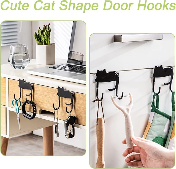 Over Cabinet Door Hooks, 3Pcs Iron Over Door Double Hooks Decorative Cat Over The Cupboard Drawer Hooks Multi-Purpose Hooks for Kitchen Bathroom Bedroom (Black)