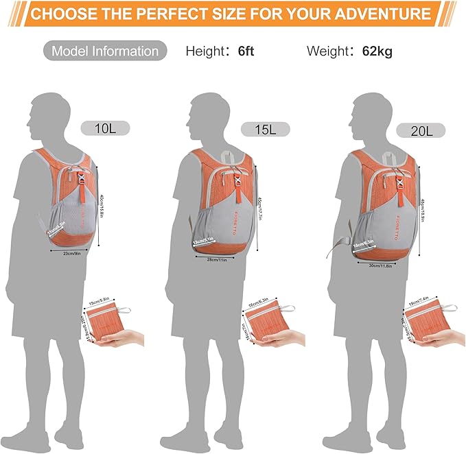 FIORETTO 20L Hiking Backpack for Women Men Mini Packable Backpack Lightweight Small Daypack for Camping Travel Outdoor, Orange