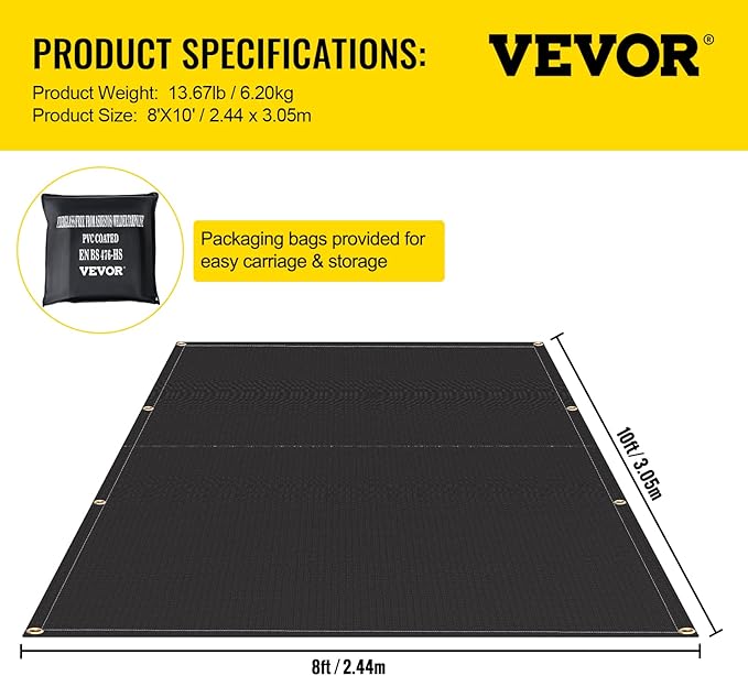 VEVOR Fire Blankets, 2 Pack Welding Blankets, 8' x 10' Fire Suppression Blanket, 1022°F Flame Retardant Blanket, Black Fire Emergency Blankets, Fiberglass Fire Retardant Blanket with 12 Brass Grommets
