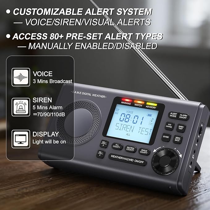 RunningSnail NOAA Weather Alert Radio - S.A.M.E Localized Programming, 23 County Codes & 80+ Emergency Alerts, Battery Backup, Alarm, Selectable Alert Tone, External Antenna, External Warning Light