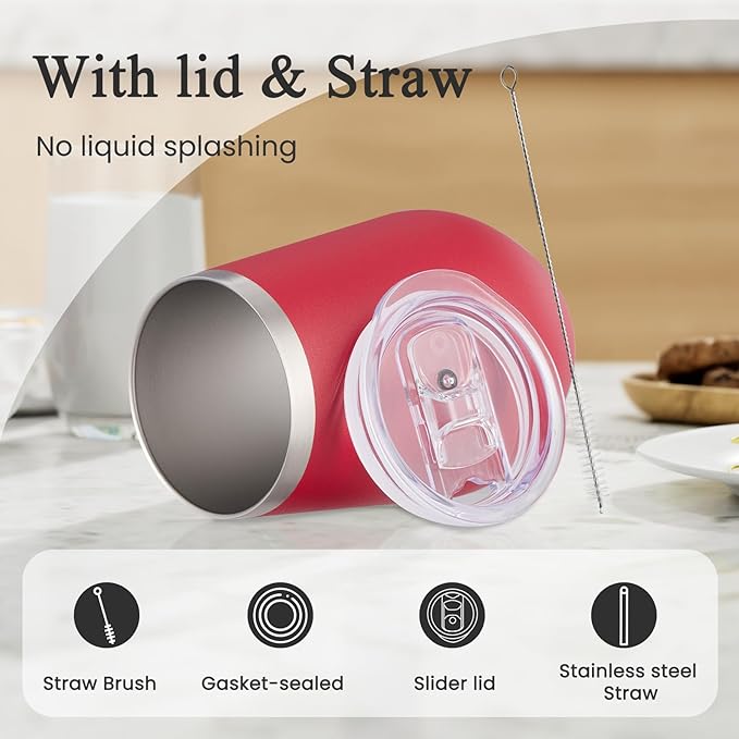 MEWAY Durable 12oz Stainless Steel Wine Tumbler with Lid and straw - Vacuum Insulated Coffee and Wine Cups for Travel, Parties, and Outdoor Events(Red, Set of 8)