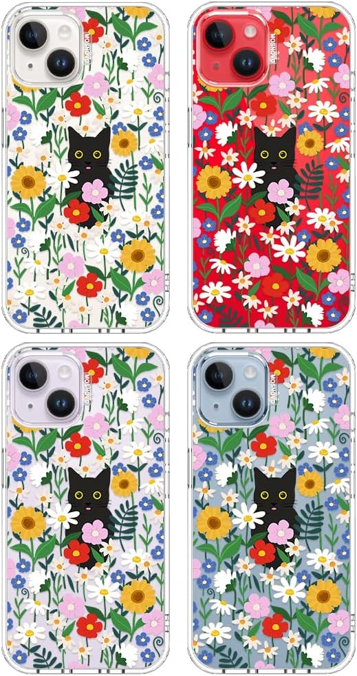 MOSNOVO for iPhone 13/14 Case | Military Grade 6.6ft Drop Tested | Clear with Black Cat in Garden Design