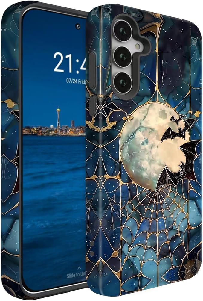 Compatible for Samsung Galaxy S25 FE 5G Case, Dual Layer Heavy Duty 2 in 1 Shockproof Protective Phone Case,Stained Glass Bats Spooky Moon