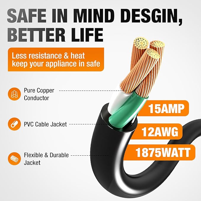 Outdoor Extension Cord 15 FT Waterproof, 12/3 Gauge Heavy Duty 3 Prong Power Cord with Lighted Indicator End, 15A 125V 1875W SJTW, ETL Listed, Great for Lawn/Garden/Home(Black)