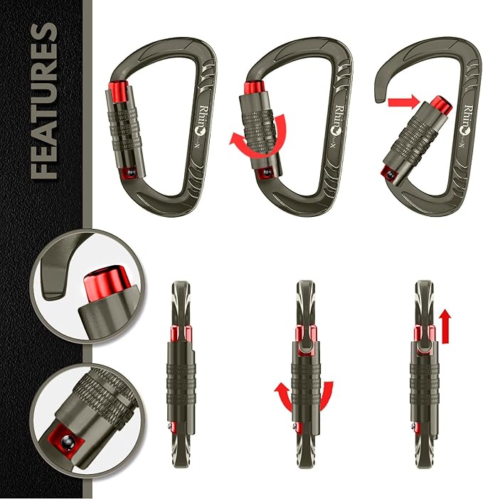 Rhino Produxs 12kN (2697 lbs) Heavy Duty Carabiner Clips, for Securing Pets, Outdoor, Camping, Hiking, Hammock, Dog Leash Harness, Keychains