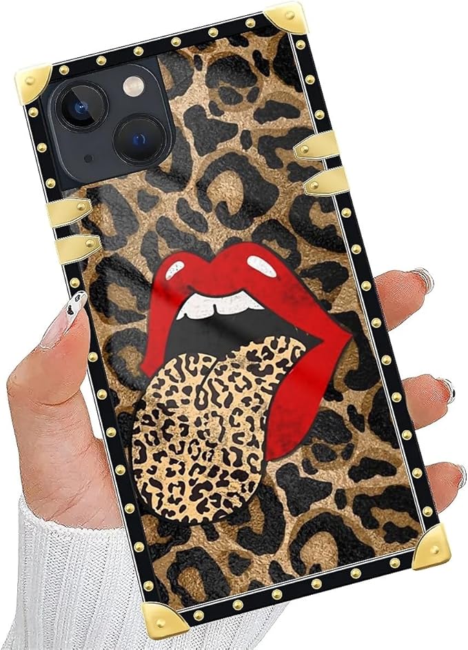 Compatible with iPhone 14 Case, Brown Leopard Print Mouth Luxury Golden Decoration for Girl Women Soft TPU Shockproof Protective Hard PC Back for iPhone 14
