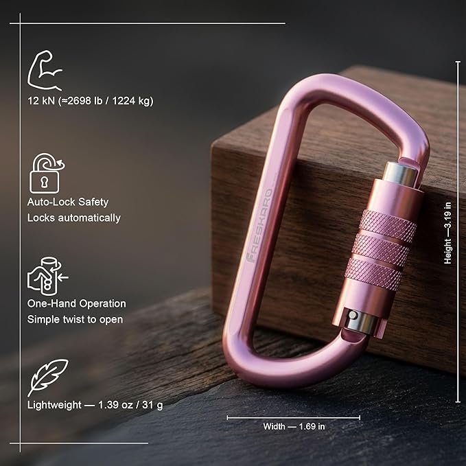 FresKaro 3inch 12kN-2698lbs Auto Locking Carabiner Clips, Solid D Shape, Heavy Duty 7075 Aluminum, Lightweight 1.09oz, Rust Proof, for Hammock, Hiking, Dog Leash, Keychain etc., Multi-Colors