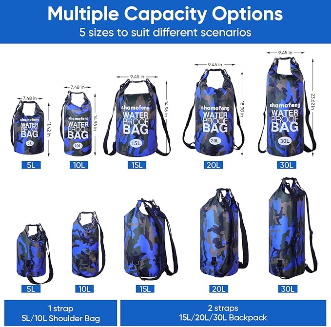 Waterproof Dry Bag 5L/10L/15L/20L/30L Roll Top Dry Storage Backpack with Phone Case, Collapsible Water Bottle, Sunglasses, Ear Band for Kayaking Boating Swimming Fishing Camping, Blue 10L