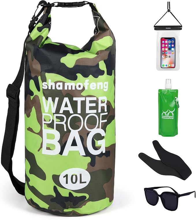 Waterproof Dry Bag 5L/10L/15L/20L/30L Roll Top Dry Storage Backpack with Phone Case, Collapsible Water Bottle, Sunglasses, Ear Band for Kayaking Boating Swimming Fishing Camping, Green 20L