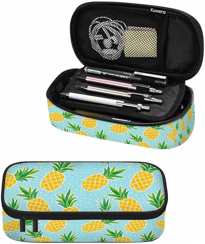 Pineapple Pencil Bag Tropical Fruit Exotic White Polka Dots Yellow Blue Big Capacity Pencil Case Pencil Pouch Pen Bag School Students Boy Girl