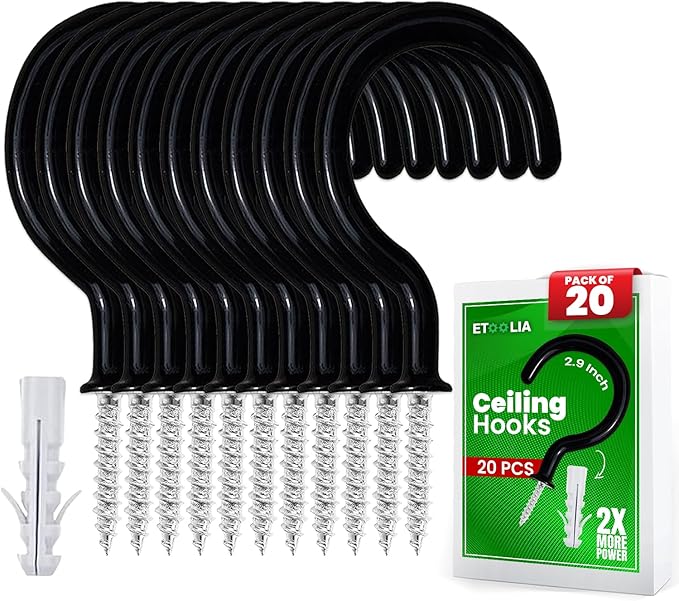 Ceiling Hooks for Hanging Plants- 20pcs 2.9 inches Heavy Duty Vinyl Coated Plant and Kitchen Mug, Black Hanging Hooks for Indoor Outdoor Lights and Wind Chimes