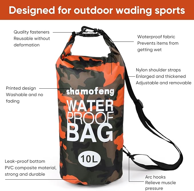 Waterproof Dry Bag 5L/10L/15L/20L/30L Roll Top Dry Storage Backpack with Phone Case, Collapsible Water Bottle, Sunglasses, Ear Band for Kayaking Boating Swimming Fishing Camping, Orange 20L