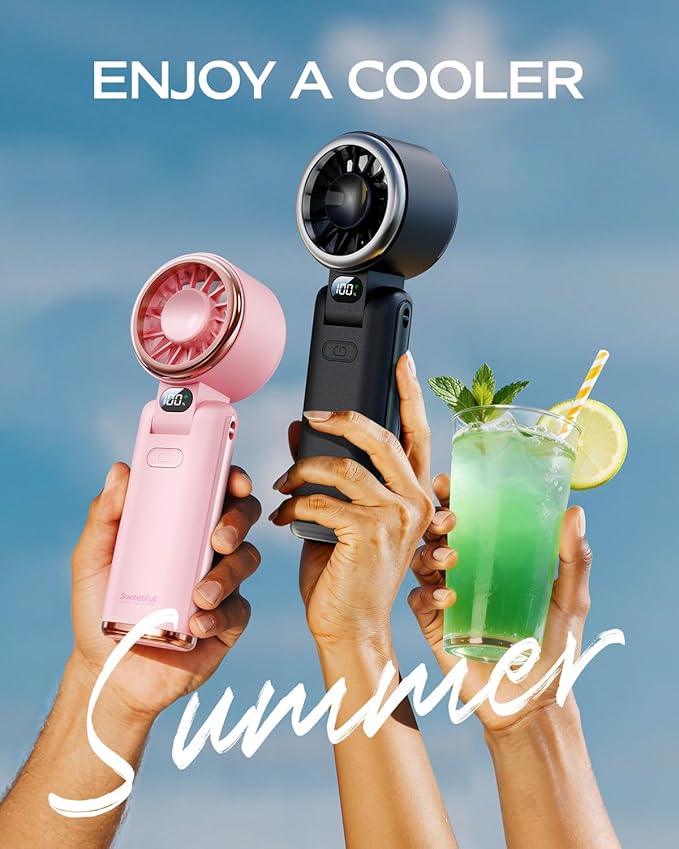 SWEETFULL Portable Handheld Turbo Fan - Portable Fans Rechargeable, 5000mAh, 180° Adjustable, 5 Speed Wind, Digital Display Electric Personal Hand Fan Quiet, Travel Essentials, Beach Vacation (Black)