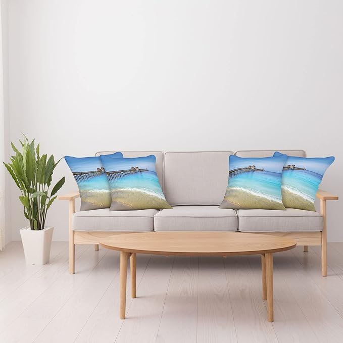 Ambesonne Dock Decorative Throw Pillow Case Pack of 4, Naples Pier Paradise Beach at Ocean in Florida USA Sunny Tropical Destination, Cushion Cover for Couch Living Room Car, 20", Azure Blue