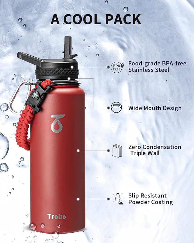 Trebo Water Bottle 40oz with Paracord Handle, Half Gallon Large Vacuum Triple Wall Stainless Steel Insulated Water Jug with Holder Strap Straw Spout Lids, Leakproof Keep Cold & Hot, Red