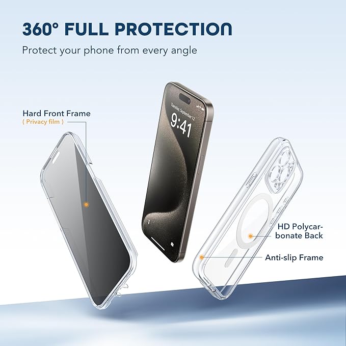 TIESZEN for iPhone 15 Pro Case, Compatible with MagSafe, Built-in Privacy Screen Protector and Camera Protection, Anti Spy Full Body Dustproof Shockproof Hard Phone Case 6.1", Transparent