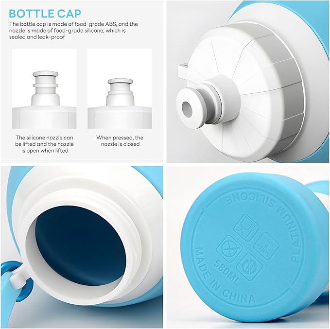 Collapsible Lightweight 20oz Water Bottle, Food-Grade Silicone BPA Free, Foldable Portable Leak Proof Office Travel Cycling Sports Outdoor Water Bottle with Vertical Hook (blue, long nozzle)
