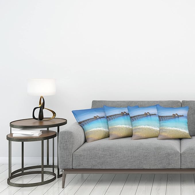 Ambesonne Dock Decorative Throw Pillow Case Pack of 4, Naples Pier Paradise Beach at Ocean in Florida USA Sunny Tropical Destination, Cushion Cover for Couch Living Room Car, 20", Azure Blue