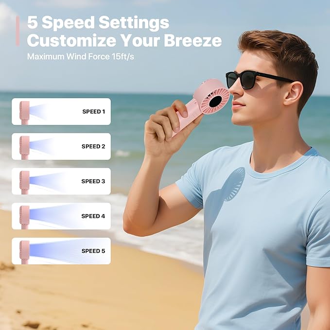 Foldable Handheld Fan, 5-Speed, High-Speed Motor, LED Display, 10 Hours long-lasting,3-IN-1 Portable Fan for Outdoor Activities, Travel, Beach