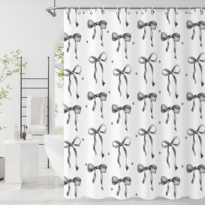 Grey and White Bow Shower Curtain, Grey Modern Aesthetic Bowknot with Polka Dot Cute Girly Bathroom Curtain Waterproof Fabric Machine Washable with Hooks, 60" Wx72 L