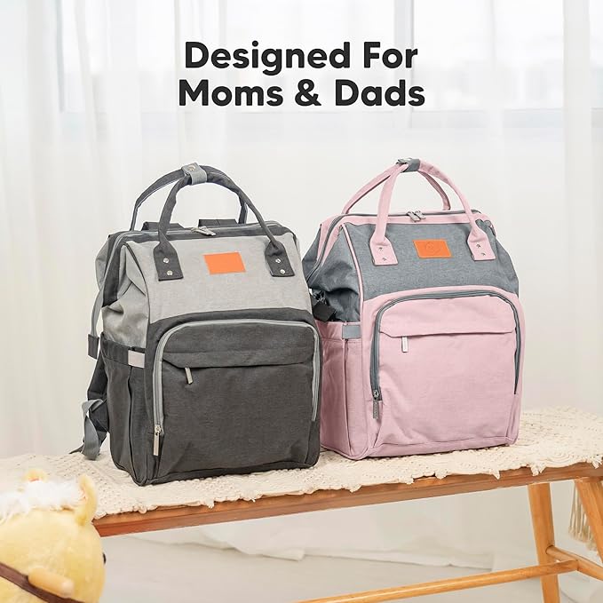 KeaBabies Baby Diaper Bag Backpack - Large Baby Bag for Boys, Girls, Waterproof Multi Function Travel Diaper Backpack with Changing Pad, Durable Travel Essentials for Moms and Dads (Pink Gray)