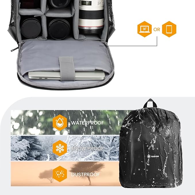 TARION Camera Bag DSLR Camera Backpack with Waterproof Raincover Laptop Compartment Photography Backpack Case Photo Bag for Women Men Photographers DSLR SLR Mirrorless Camera Lens Tripod Black TB-M