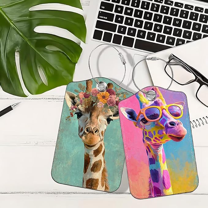 2 Pack Giraffe Luggage Tags for Suitcases, Floral & Sunglasses Animal Travel ID Tags with Privacy Cover, PU Leather Bag Identifiers, Spring & Summer Vacation Essentials, Mother's Day