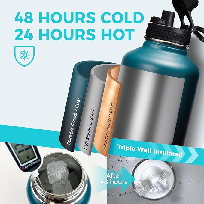 64 oz Insulated Water Bottle - Stainless Steel (Cold 48H), Leak Proof & BPA-Free Half Gallon Water Jug with Paracord Handle, Straw Spout Lids, Carrier Case, Metal Flask for Women Gym School, Pink