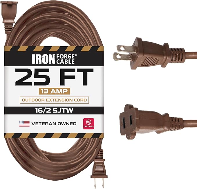 Iron Forge Cable 2 Prong Outdoor Extension Cord 25 ft, 16/2 SJTW 25 Foot Brown Extension Cord, Weatherproof - Great for Outdoor Lights, Deck, Patio