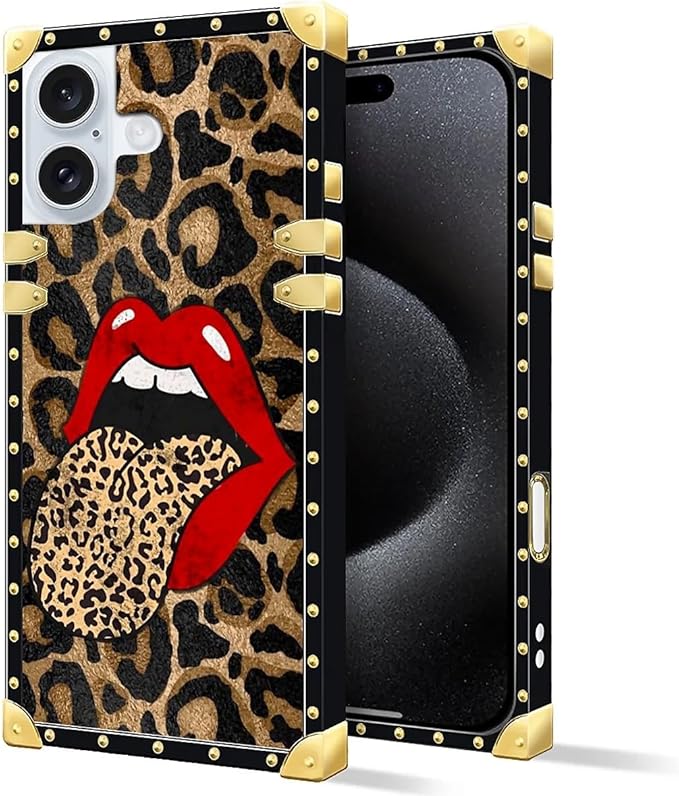 Compatible with iPhone 16 Plus Case, Brown Leopard Print Mouth Luxury Golden Decoration for Girl Women Soft TPU Shockproof Protective Hard PC Back for iPhone 16 Plus
