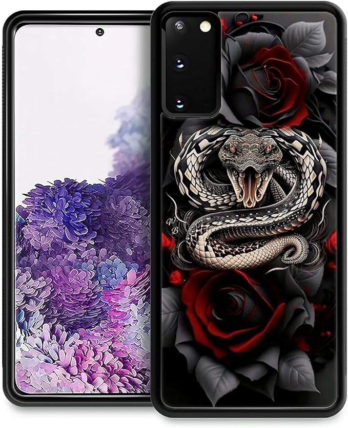 for Samsung Galaxy S20 Case, Entwined Rose Snake Pattern Graphic Design Girl Boy Soft Silicone Hard Acrylic Shock Protection for Samsung Galaxy S20