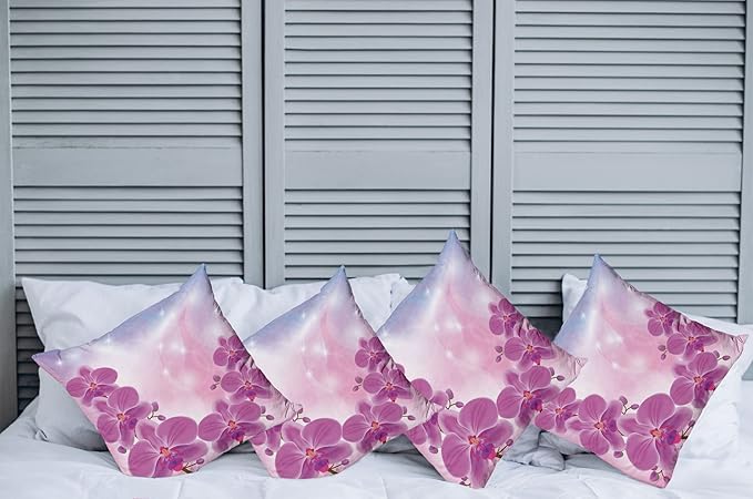 Ambesonne Floral Throw Pillow Cushion Case Pack of 4, Exotic Orchid Flowers Flourishing on Abstract Background Circles Stars, Modern Accent Double-Sided Digital Printing, 24", Pink Purple