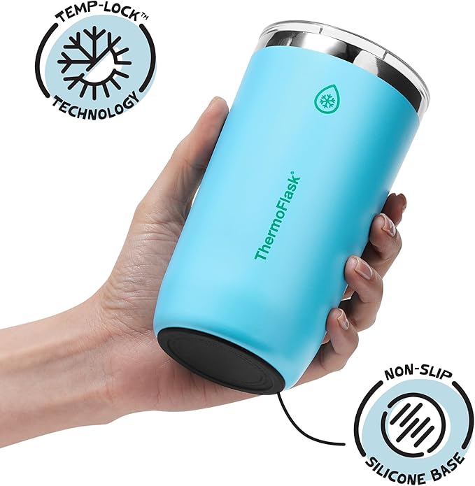 ThermoFlask Drinkware Beer Tumbler - Double-Wall Tumbler for Cold & Hot Drinks - Lightweight & Simple Drink Cup with Lid - Modern & Durable Drinking Cup - 16 oz, Vivid Blue