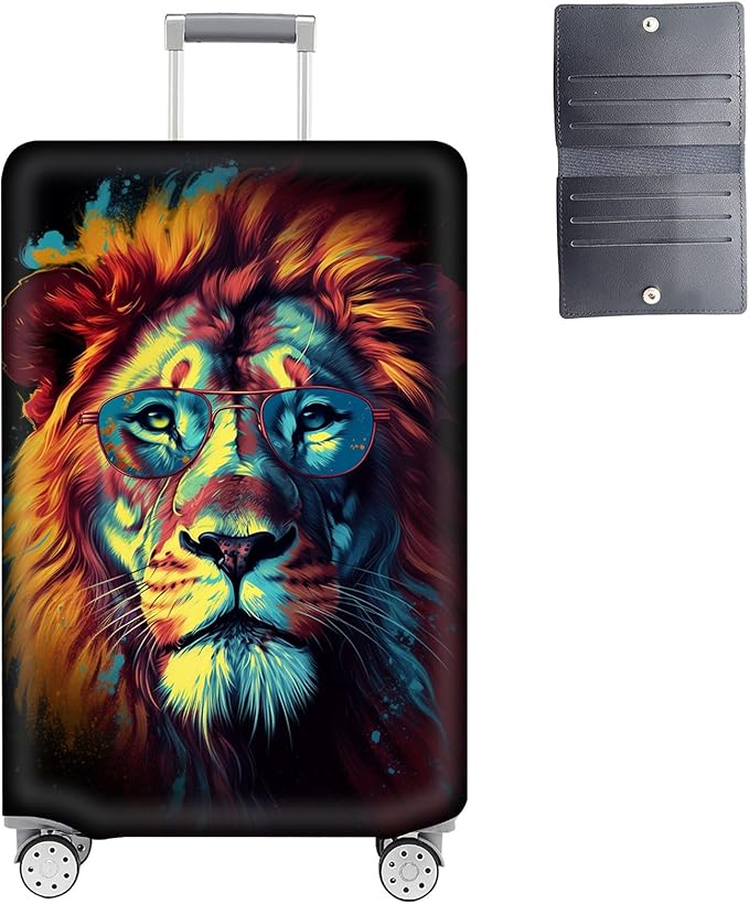 Luggage Cover Protector for 22-24 Inch Suitcases, TSA Approved Elastic Travel Suitcase Covers, Anti-Scratch Washable Luggage Sleeve for Carry On & Checked Bags, Lion With Glasses