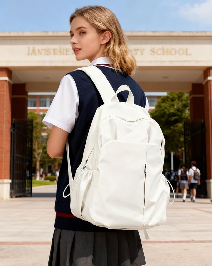 SEAFEW Beige School Backpack for Girls Women Waterproof High School Book Bag Cute Backpack for Men Teens Boys, Lightweight Simple Middle School Back Pack Daypack