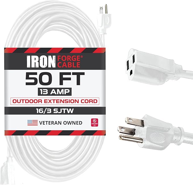 Iron Forge Cable Weatherproof 50 Ft Outdoor Extension Cord - 16/3 SJTW Heavy Duty White Extension Cord 3 Prong - 13 Amp Exterior Power Cable