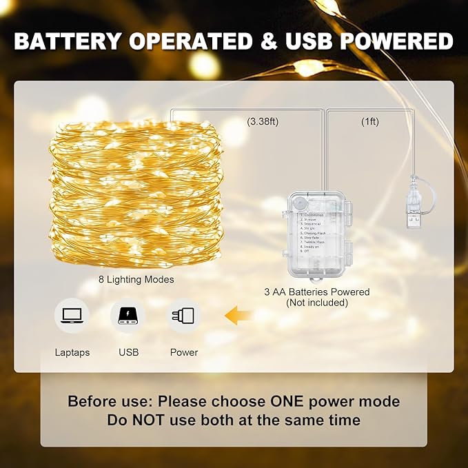 suddus Flexible Copper String Lights Waterproof Decorative Fairy Lights Warm White, 2Pack Total 132ft 400 LED Battery/USB Operated Twinkle Lights for Bedroom, Dorm Decor