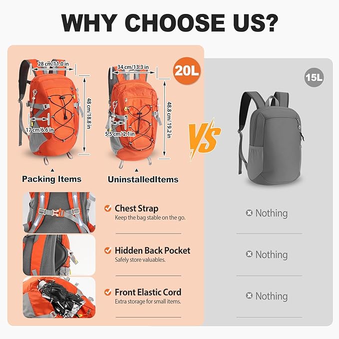 20L Hiking Backpack Lightweight Packable Hiking Daypack, Foldable Small Travel Outdoor Camping Shoulder Bag with Wet Dry Separation (Orange Red)