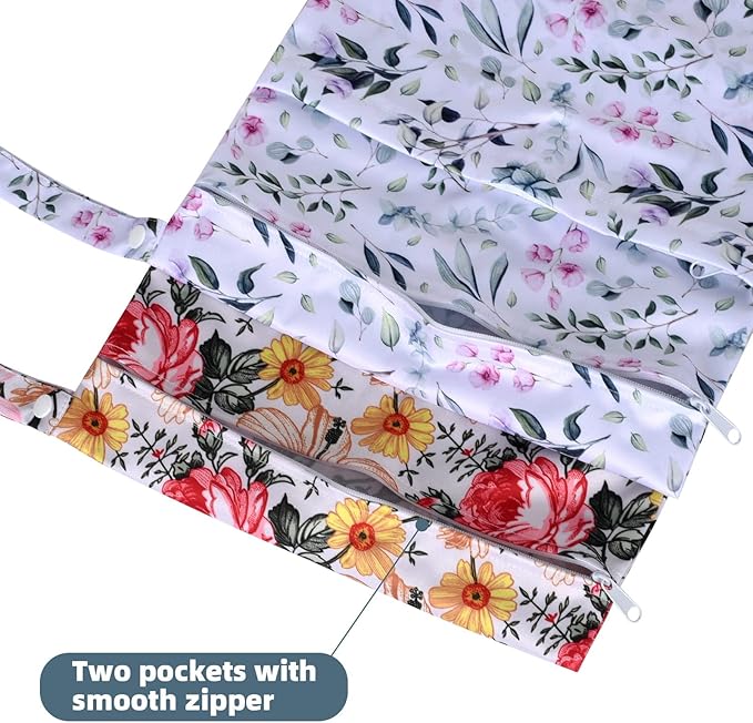2 Pcs Wet Dry Bags for Baby Cloth Diapers,Washable Travel Bags,Beach,Pool,Gym Bag for Swimsuits or Wet Clothes with 2 Pockets-Floral
