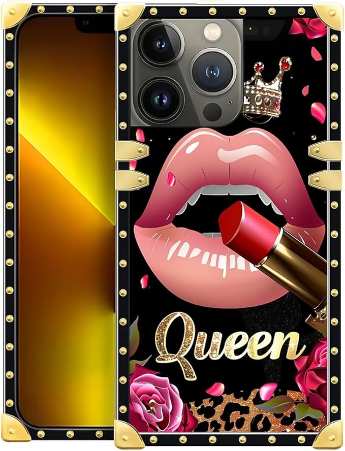 Compatible with iPhone 13 Pro Max Case, Glitter Red Rose Queen Leopard Lipstick Luxury Golden Decoration for Girl Women Soft TPU Shockproof Protective Hard PC Back