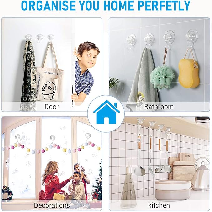 Quntis Wreath Hanger 6 Pack - Clear Plastic Suction Cup Hooks, Reusable, Waterproof Vacuum Suction Hooks for Shower Wall, Window, Towel, Loofah, Soap Bag, Christmas Decor