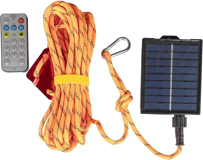 Solar Luminous Paracord Rope, 23ft Solar-Powered Orange Glow Rope with Remote, 8 Lighting Modes + Timer, 500 mAh Battery, IP66 Waterproof for Outdoor Camping