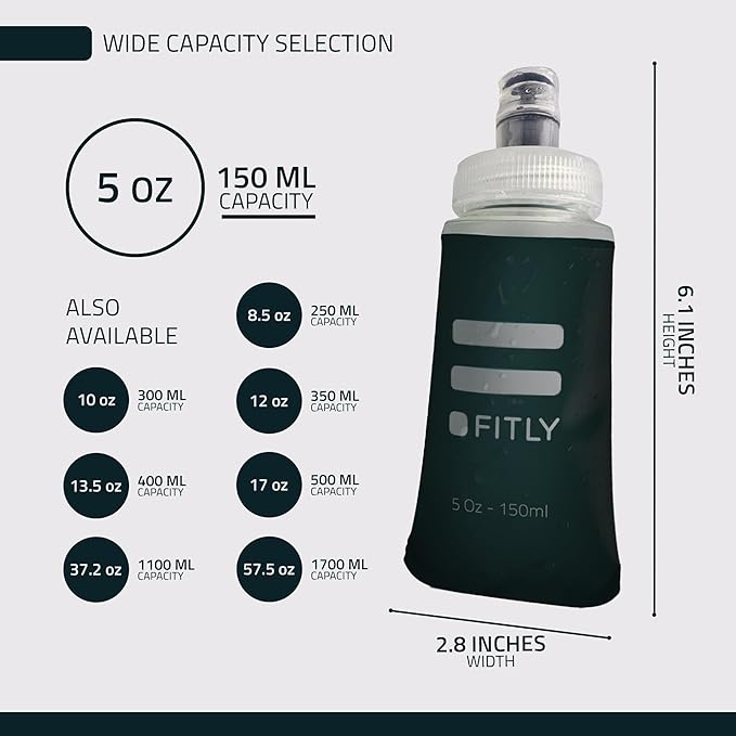 FITLY Soft Flask - Shrink As You Drink Soft Water Bottle for Hydration Pack - Folding Water Bottle Ideal for Running, Hiking, Cycling, Climbing & Rigorous Activity- 5 oz Petrol Blue